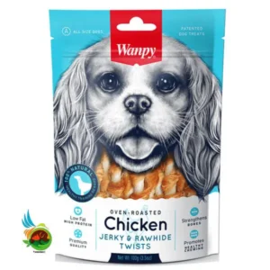 تشویقی سگ ونپی با طعم مرغ مدل مدادی دور پیچ Wanpy chicken jerky & rawhide twists وزن ۱۰۰ گرم