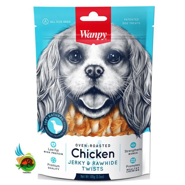 تشویقی سگ ونپی با طعم مرغ مدل مدادی دور پیچ Wanpy chicken jerky & rawhide twists وزن ۱۰۰ گرم