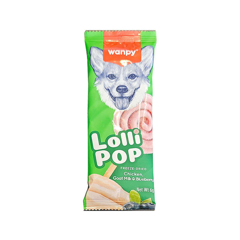 تشویقی آبنباتی سگ ونپی با طعم مرغ، شیر بز و بلوبری Wanpy Freeze Dried Lollipop بسته 10 عددی