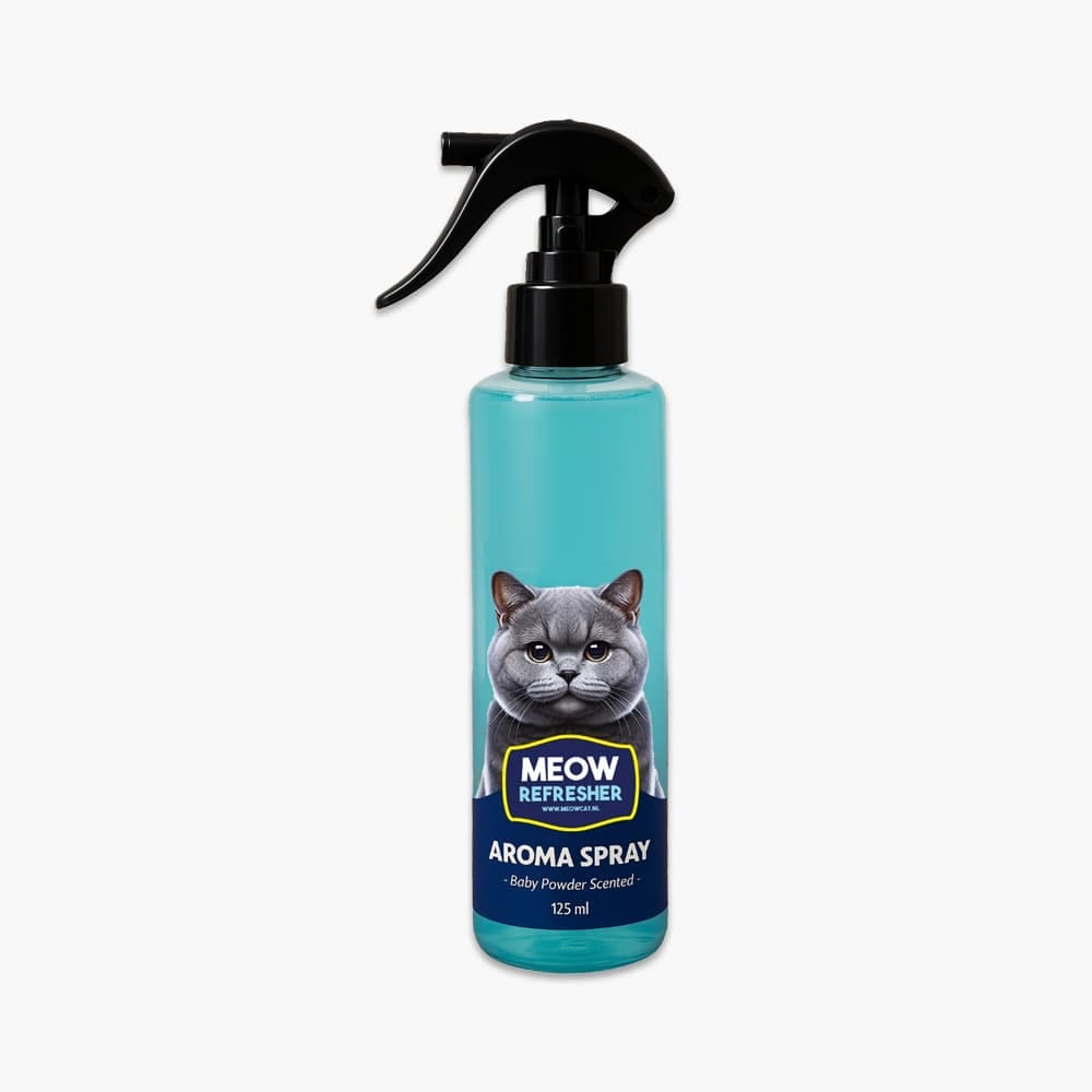 اسپری خوشبوکننده ضد حساسیت خاک گربه میوکت با رایحه پودر بچه Miokat Cat Litter Deodorizer Spray Baby Powder Scented حجم ۱۲۵ میلی‌لیتر